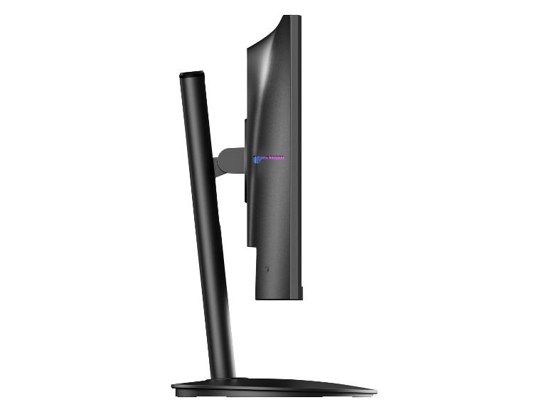 Moniteur d'ordinateur noir avec support et base, vu de profil.