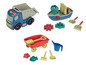 Un camion bleu, un bateau et une charrette rouge avec des jouets de sable.