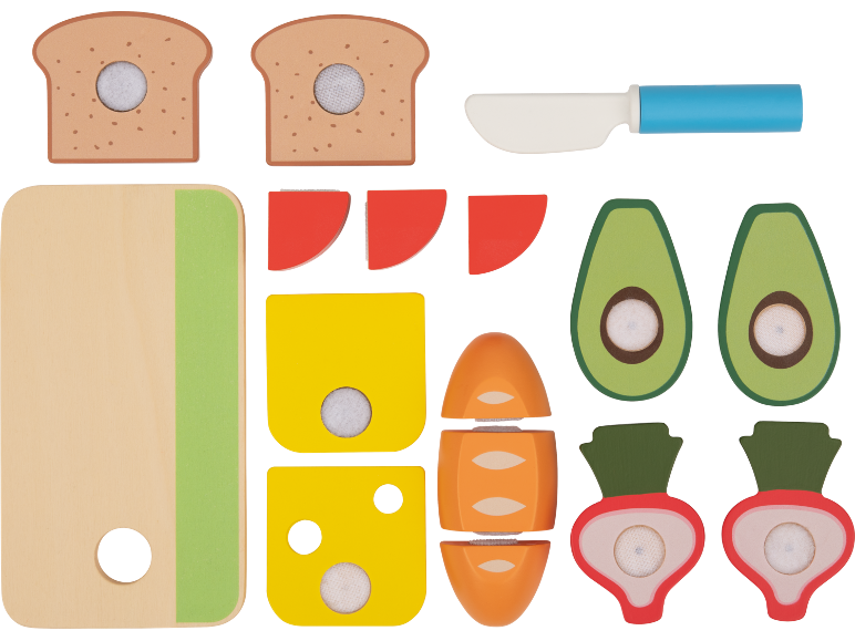 Aliments jouets en bois : pain, fromage, avocat, carotte, radis, tomate et planche à découper avec couteau.