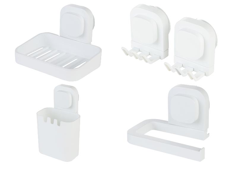 Ensemble d'accessoires de salle de bain blancs avec porte-savon, porte-brosses à dents et crochets.