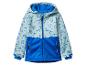 Veste softshell pour enfant avec capuche, bleu clair et bleu foncé, motif montgolfières et camping-cars.