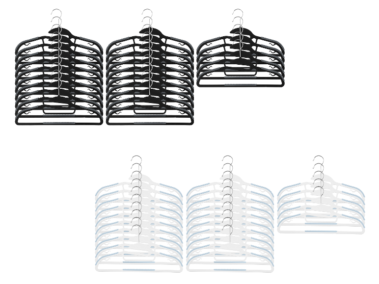 W5 Kleiderbügel Spezial, 25 pièces : Cintres noirs et blancs avec détails antidérapants.