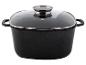 Une casserole noire avec un couvercle en verre.