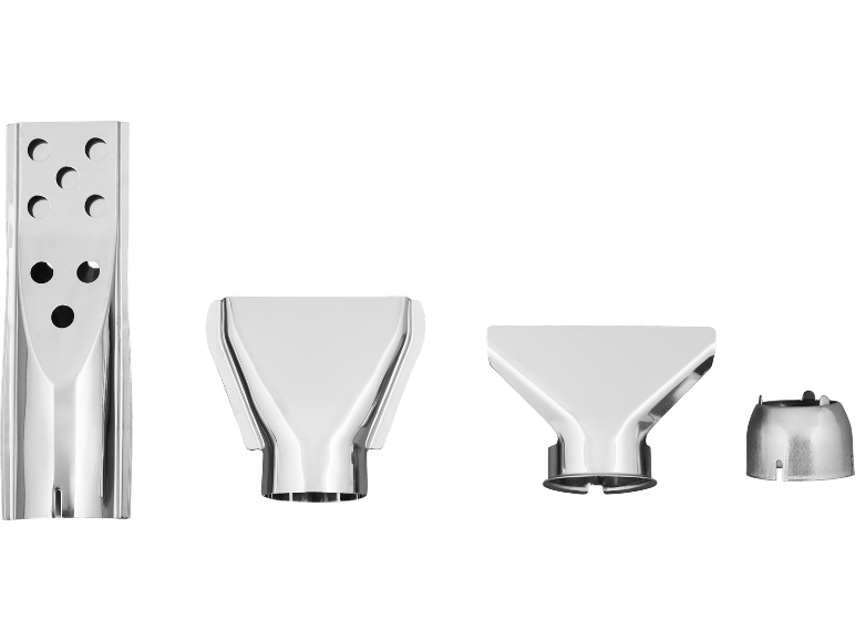 Accessoires de sèche-cheveux en métal argenté, comprenant une longue buse et trois buses plus petites.