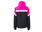 Veste de ski rose, blanche et bleu foncé avec capuche, vue arrière.