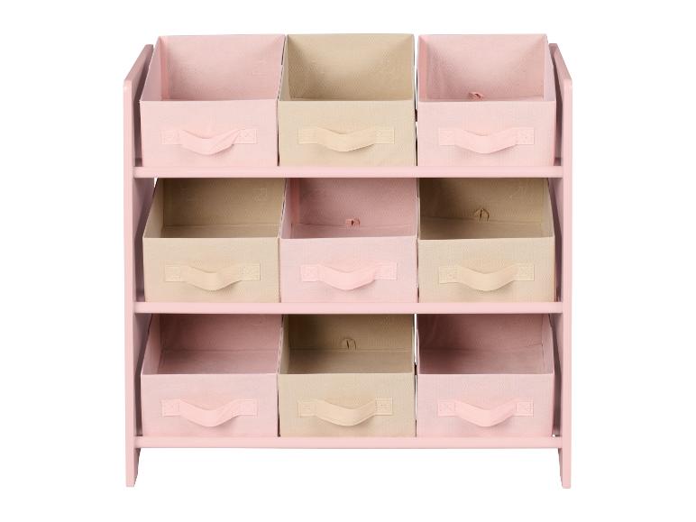 Étagère rose avec 9 boîtes de rangement en tissu roses et beiges