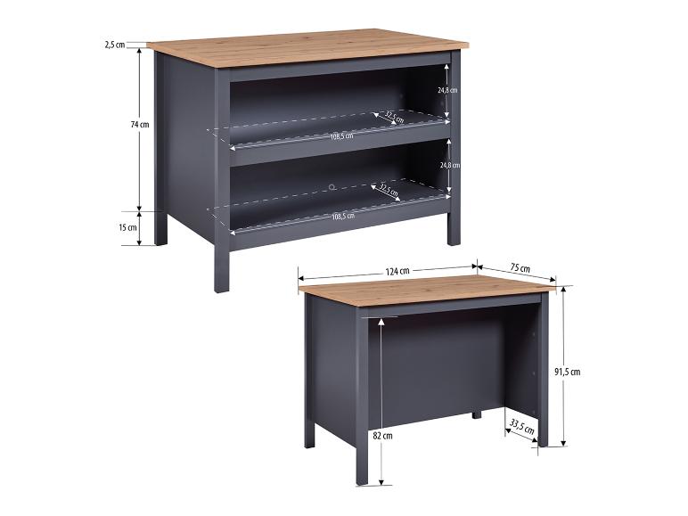Deux meubles gris effet bois avec dimensions : un meuble bas et un bureau.