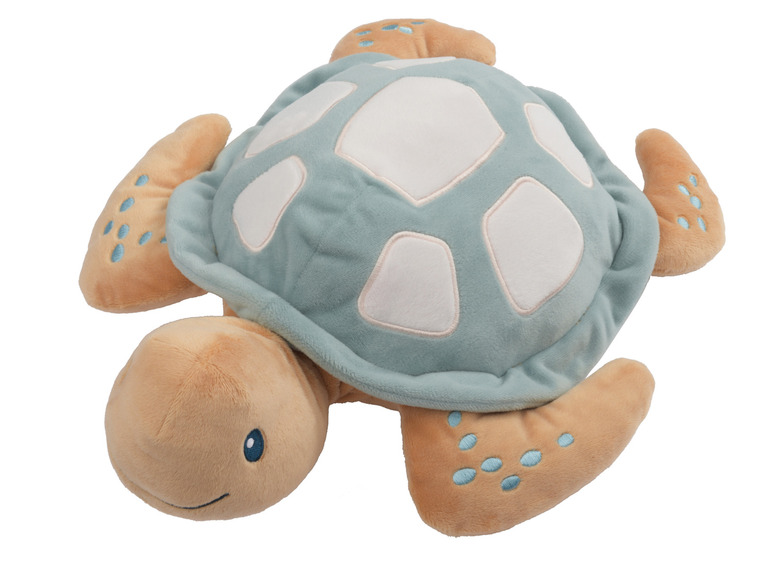Une peluche de tortue bleue et beige.