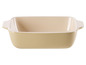 Un plat à four beige avec des poignées.