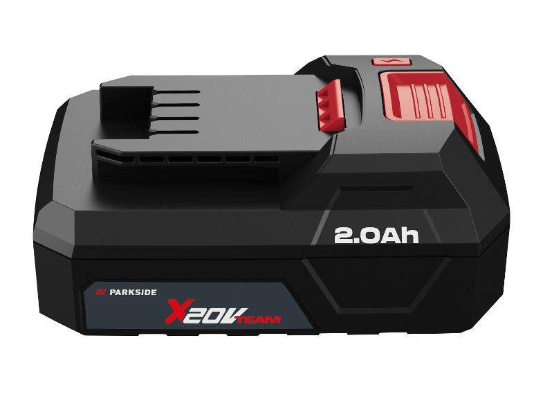 Batterie d'outil électrique 20V 2.0Ah noire avec des accents rouges.