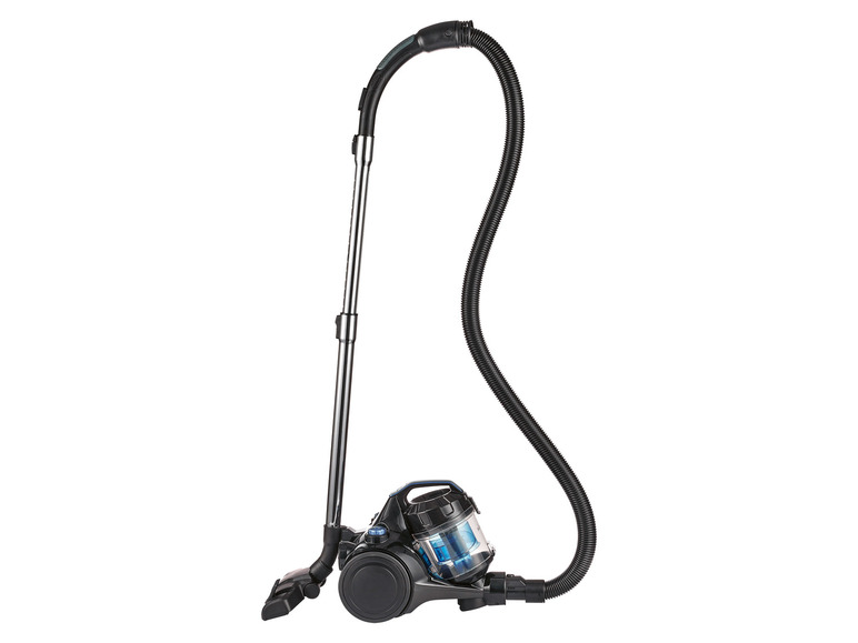 Un aspirateur noir avec un tube télescopique et un tuyau.