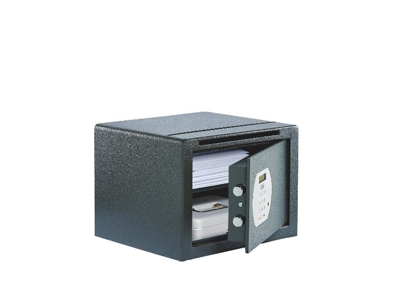 Coffre-fort BURG WÄCHTER Pure-Safe PS 120 E EWS avec porte ouverte et fente de dépôt.