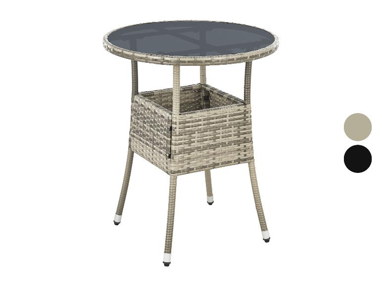 Table de bar ronde en rotin avec plateau en verre et étagère, en gris et noir.