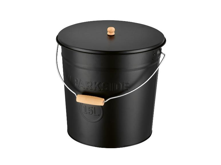 Seau à cendres métallique noir avec couvercle et poignée en bois, 15 litres.