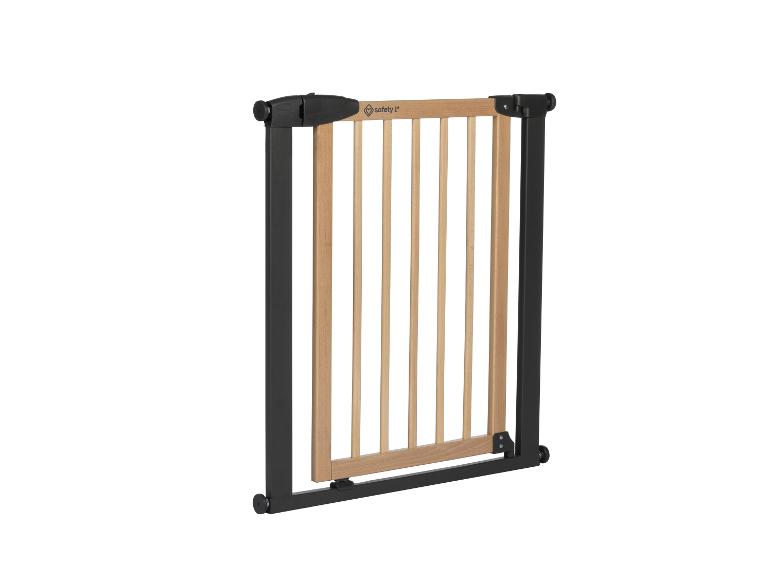 Barrière de sécurité en bois et noire avec verrouillage pour enfants.