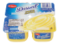 Dessert à la vanille en pack de quatre, avec informations nutritionnelles et de conservation.