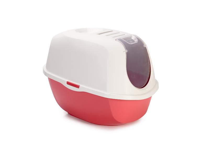 Bac à litière fermé pour chat avec base rouge et couvercle blanc, avec porte transparente.