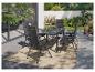 Ensemble de mobilier de jardin avec table et chaises grises sur une terrasse avec tapis.