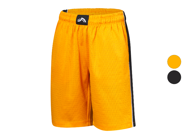 Shorts de basket-ball jaunes avec des bandes noires.