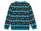 Un pull de Noël bleu avec des rennes, des Père Noëls, des bonhommes de neige et des hommes en pain d'épices.