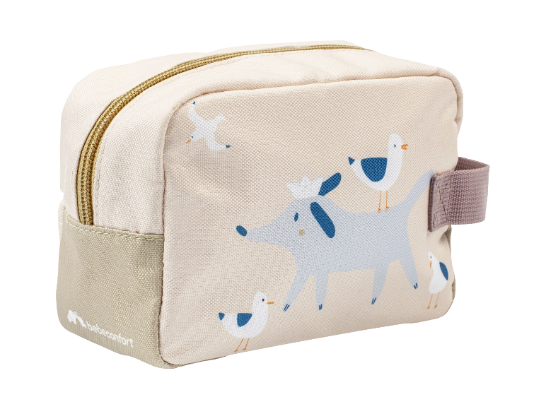 Trousse de toilette Bébéconfort à motif marin avec un chien et des mouettes.