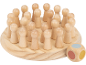 Jeu en bois avec des pions ronds et un dé à points colorés.