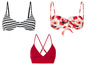 Trois hauts de bikini différents : un rayé, un à imprimé floral et un rouge uni.