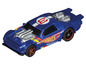 Une voiture de course Hot Wheels bleue avec un moteur visible.