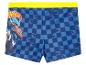 Maillot de bain garçon Hot Wheels bleu à carreaux, motifs flammes et voitures.