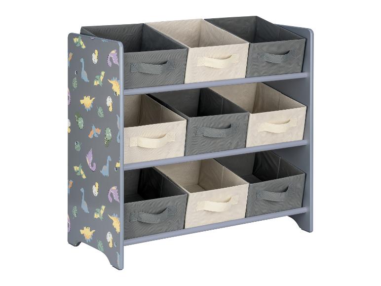 Étagère de rangement grise avec un motif de dinosaures et 9 paniers de rangement