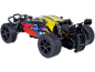 Buggy radiocommandé coloré avec de gros pneus sur fond noir.