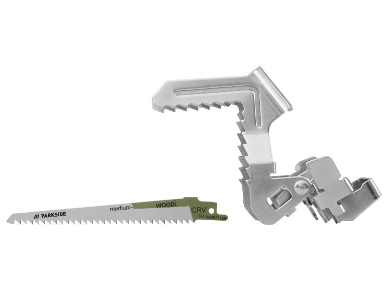 Une lame de scie sauteuse pour bois et un guide de coupe en métal sur fond blanc.