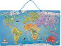 Puzzle carte du monde avec animaux et monuments, présentant les océans Pacifique, Atlantique, Indien, Arctique et Antarctique.