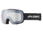 Masque de ski noir avec lentille argentée réfléchissante et sangle noire avec accents blancs.
