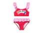 Maillot de bain deux pièces rouge avec volants roses et imprimé chiots avec le texte « BE HAPPY ».