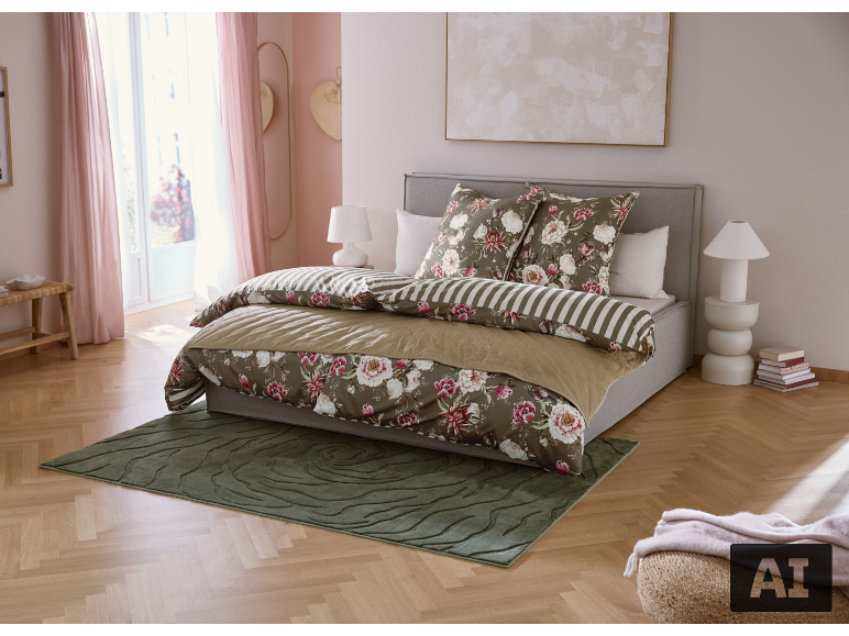 Chambre avec lit double, parure de lit fleurie et rayée, et tapis vert.