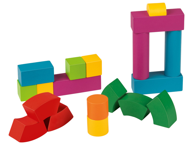 Blocs en bois colorés de différentes formes, notamment un arc, un cylindre et un cube.