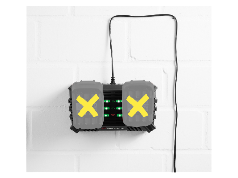 Chargeur de batteries Parkside double emplacement monté au mur.