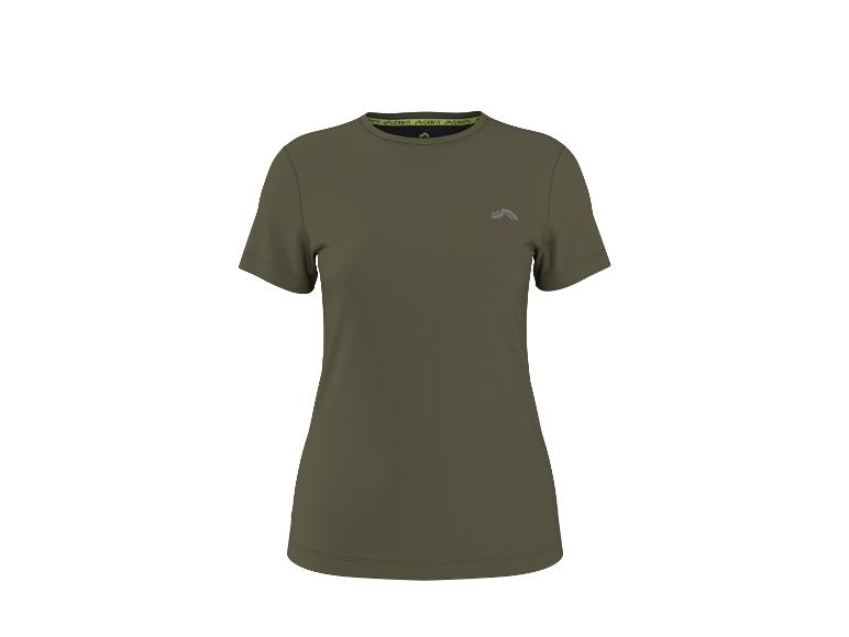 T-shirt de sport femme vert kaki à manches courtes avec petit logo gris sur la poitrine.
