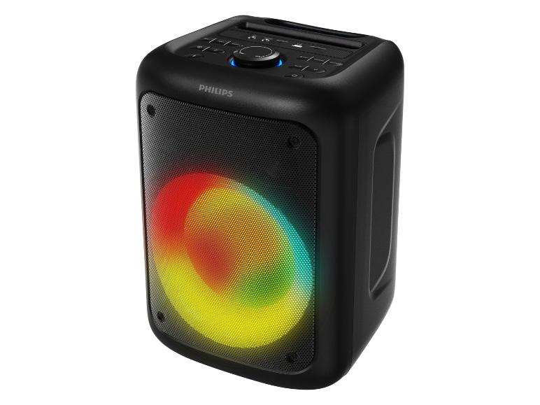 Enceinte de fête noire avec éclairage LED aux couleurs vives sur la grille avant.