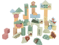 Blocs de construction en bois sur le thème de la forêt et des animaux, tons pastel.