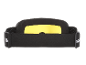 Masque de ski noir avec lentille jaune et sangle élastique noire.