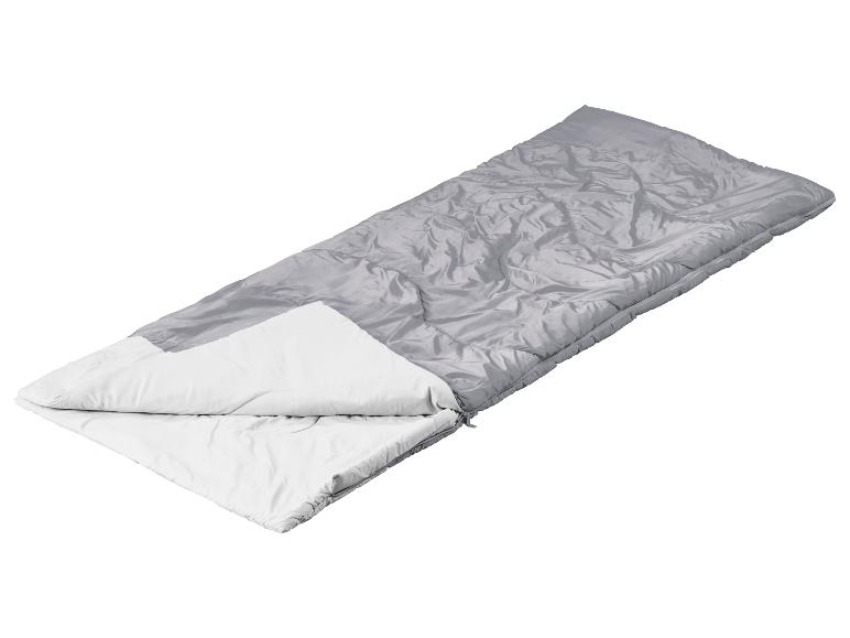 Sac de couchage gris avec une doublure intérieure blanche, partiellement ouvert.