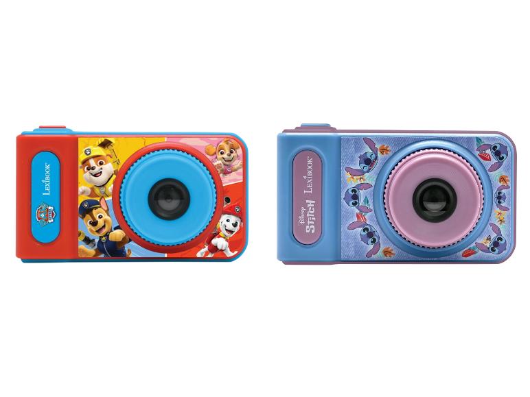 Deux appareils photo numériques pour enfants, un sur le thème de la Pat' Patrouille et un sur Stitch.