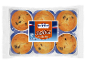 Six muffins aux pépites de chocolat dans un emballage transparent, avec une étiquette 'Muffins Chocolate Chips 540 g'.