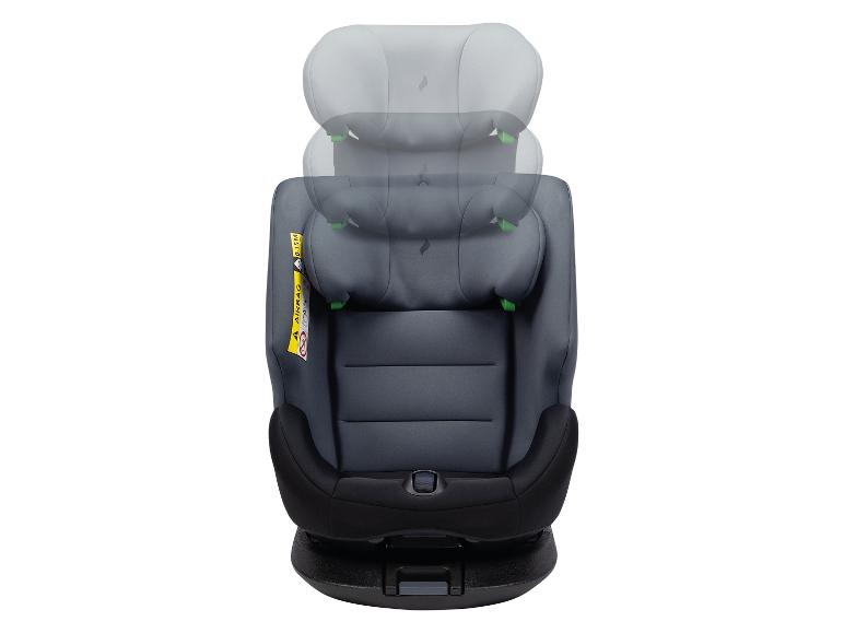 Un siège auto avec un appuie-tête réglable et un revêtement gris.