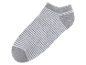 Une chaussette grise à rayures blanches.
