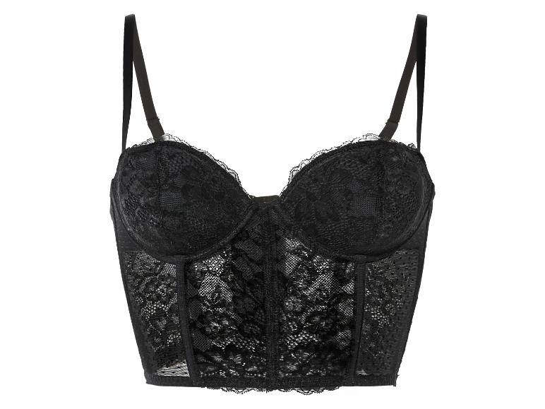 Un soutien-gorge noir orné de dentelle avec des bretelles larges.