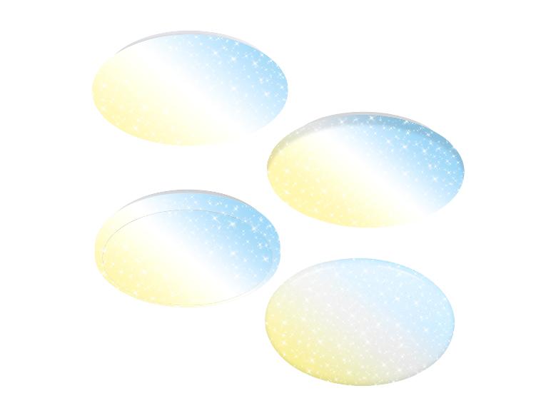 Quatre formes ovales avec un dégradé du jaune au bleu, parsemées d'étoiles.