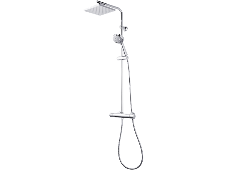 Ensemble de douche chromé avec pomme de douche carrée et douchette à main.